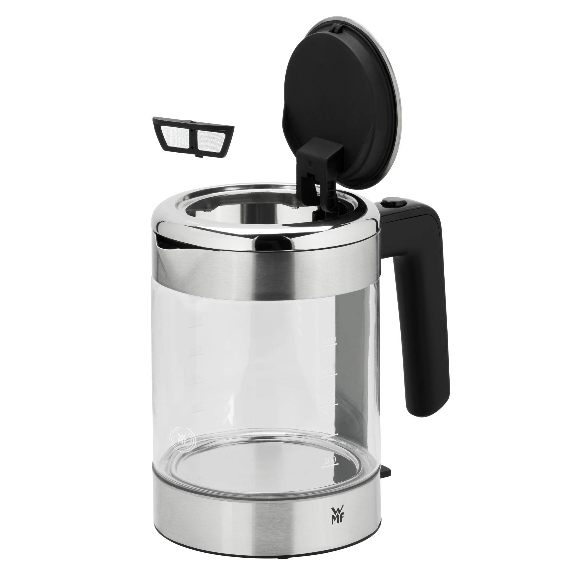 WMF Küchenminis Wasserkocher Glas 1 Liter, kabelloser Wasserkocher klein, Wasserstandanzeige, Kalk-Wasserfilter, Kochstoppautomatik, 1900 Watt, 5