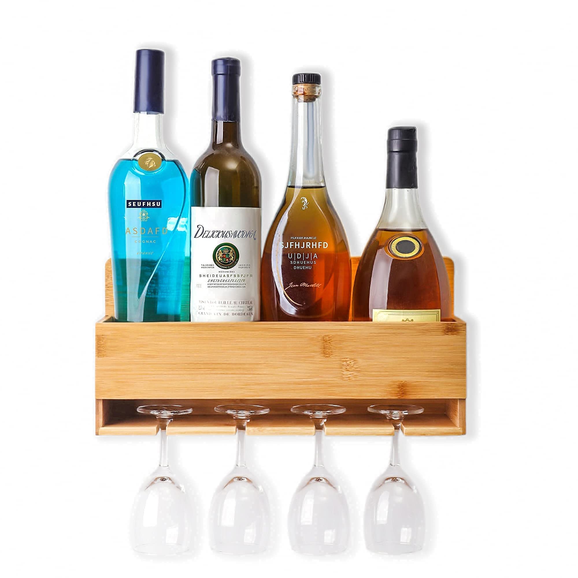 EXPPAZA Wall Mounted Wine Rack & Glass Holder, Bamboo Wine Bottle Holder Holds 4 Wine And 4 Stemware Glasses, Home Kitchen Wall Storage And Public Bar Shelves, Fully Assembled