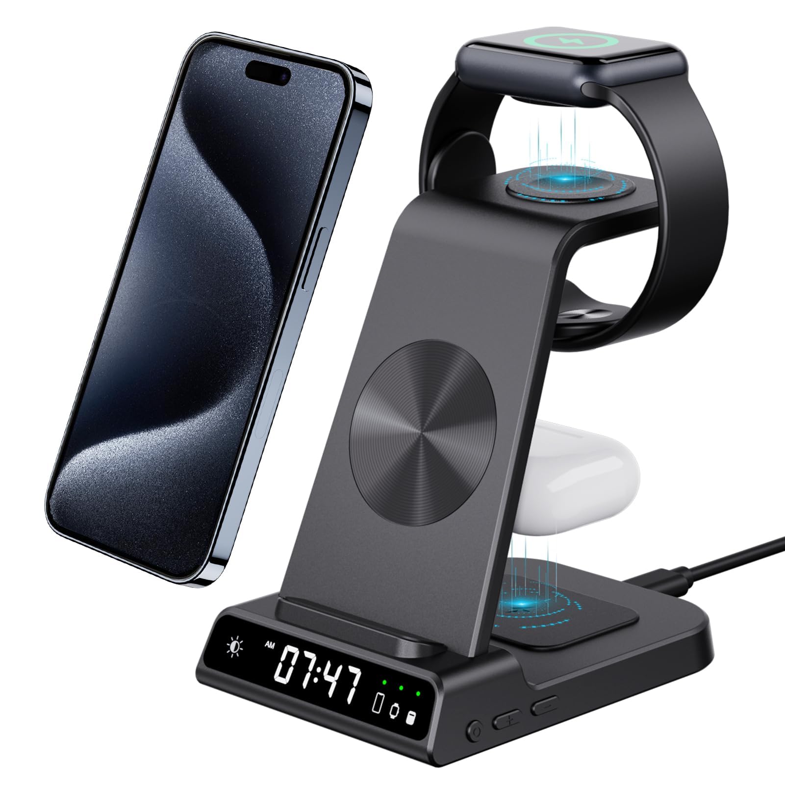 3 in 1 Wireless Charging Station for iPhone Devices with Digital Clock, 18W Fast Wireless Charger for iPhone 17/16/15/14 Series, Charging Dock for Airpods 3, Charger Stand for Apple Watch Ultra 3/11