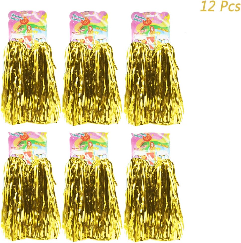 12 Pack Cheerleader Pom Poms, Cheerleading Pom Poms Metallic Foil Pom Poms for Sports Team Spirit Cheering Party Dance Useful Accessories