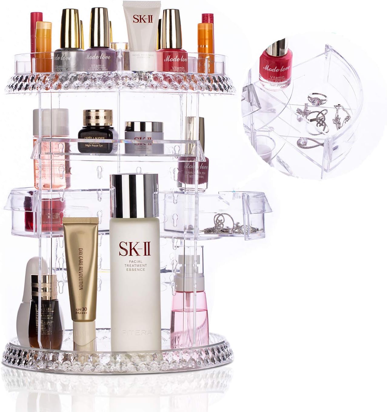 [Upgraded Design]360 Degree Rotating Makeup Organizer Clear Adjustable Layers Large Capacity Multi-Function Cosmetics Accessories Storage Holder Fits Different Types of Products (E with Drawers)