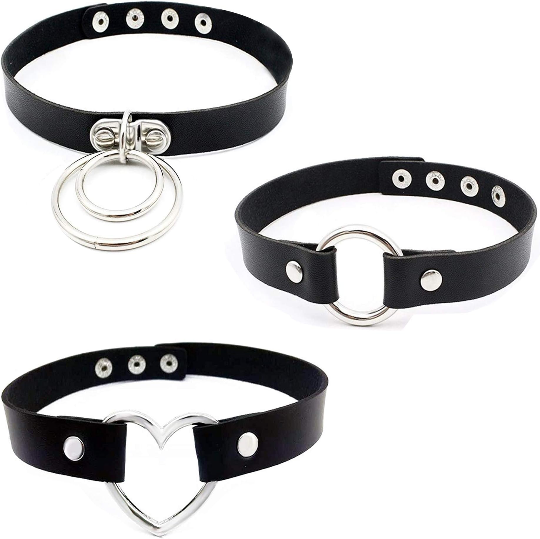 Calary PU Leather Goth O Ring and Love Heart Collar Chain for Women Girl (3 Set Black 3)
