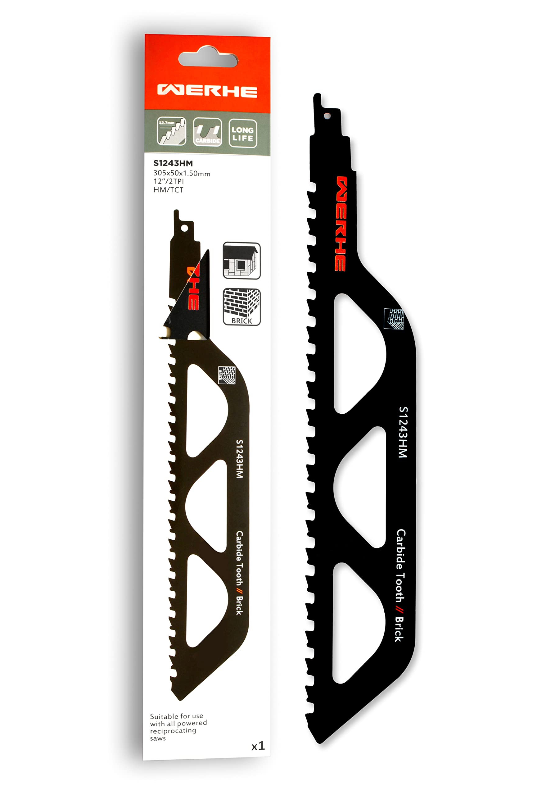 WERHE ® Profi - 1 x stone reciprocating saw blade - C 305 mm S1243HM Strongest foxtail saw blade - Perfect around the wall Cutting into brick, gas concrete, wood - Compatible with Dewalt, Bosch saws