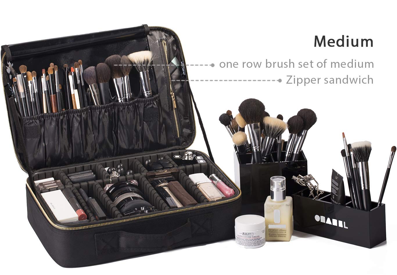ROWNYEON Makeup Case Travel Makeup Bag Train Case Professional Portable Cosmetic Makeup Brushes Organizer Case Cosmetic Storage Bag for Women EVA Adjustable Dividers 14.1" Medium Black : Beauty