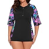 LURANEE Women Plus Sun Swim Shirt Swimwear Loose Fit Short Sleeve UPF 50+ Sun Protection Zip Rash Guard