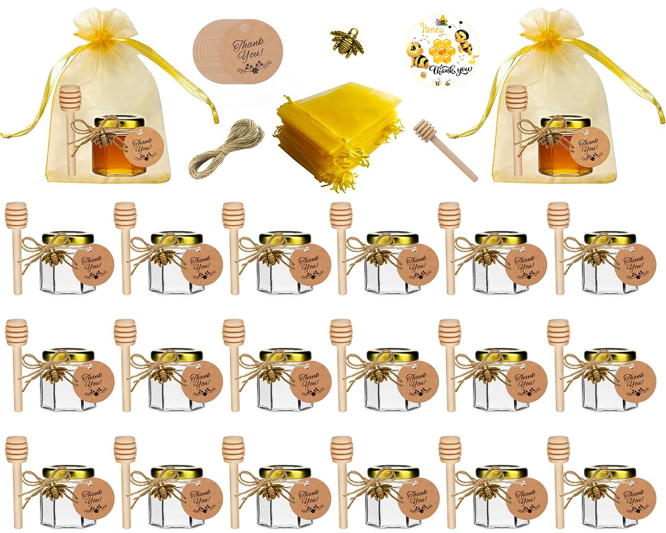 Pack of 20 1.5 oz Hexagon Mini Glass Honey Glasses with Wooden Dippers, Bee Pendants, Golden Gift Bags, Thank You Cards, Jute Perfect for Baby Shower, Wedding and Party