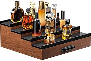 Sephyroth Cologne Organizer for Men 4 Tier of Elevated Cologne Display Shelf with Drawer Storage Perfume Organization and Storage Display Risers,Great Gift for Man(4Tier-WalnutBalck)