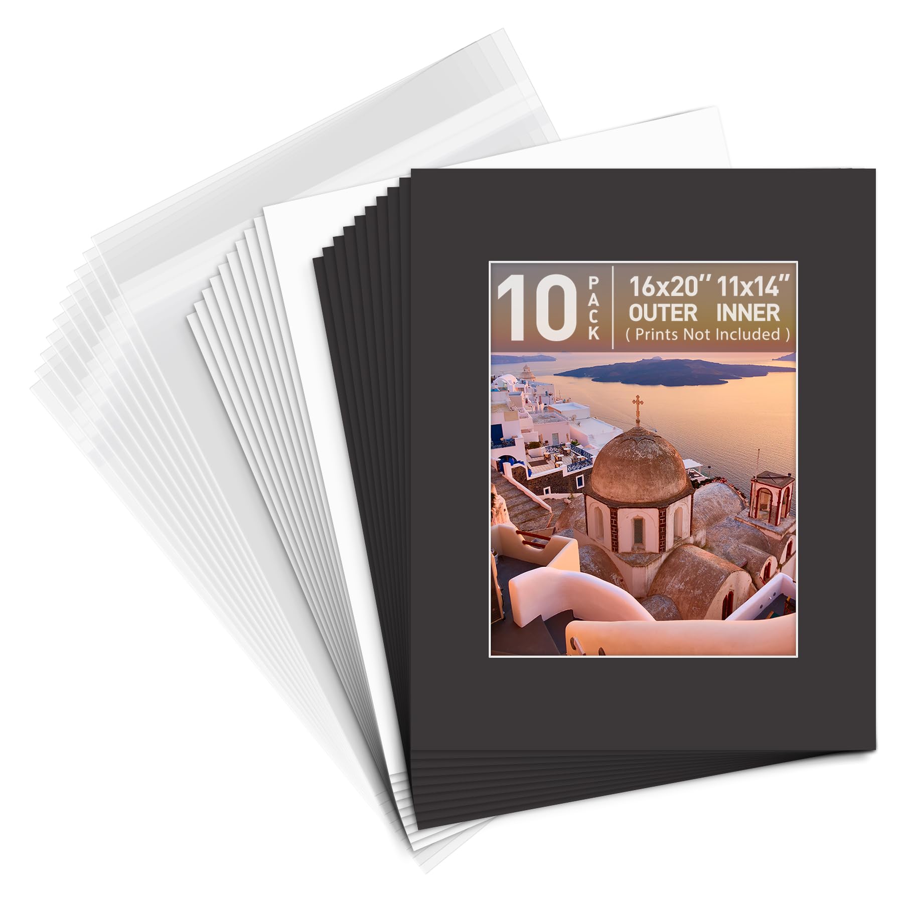 Golden State Art, Pack of 10 16x20 Black Picture Mats Mattes with White Core Bevel Cut for 11x14 Photo + Backing + Bags Image
