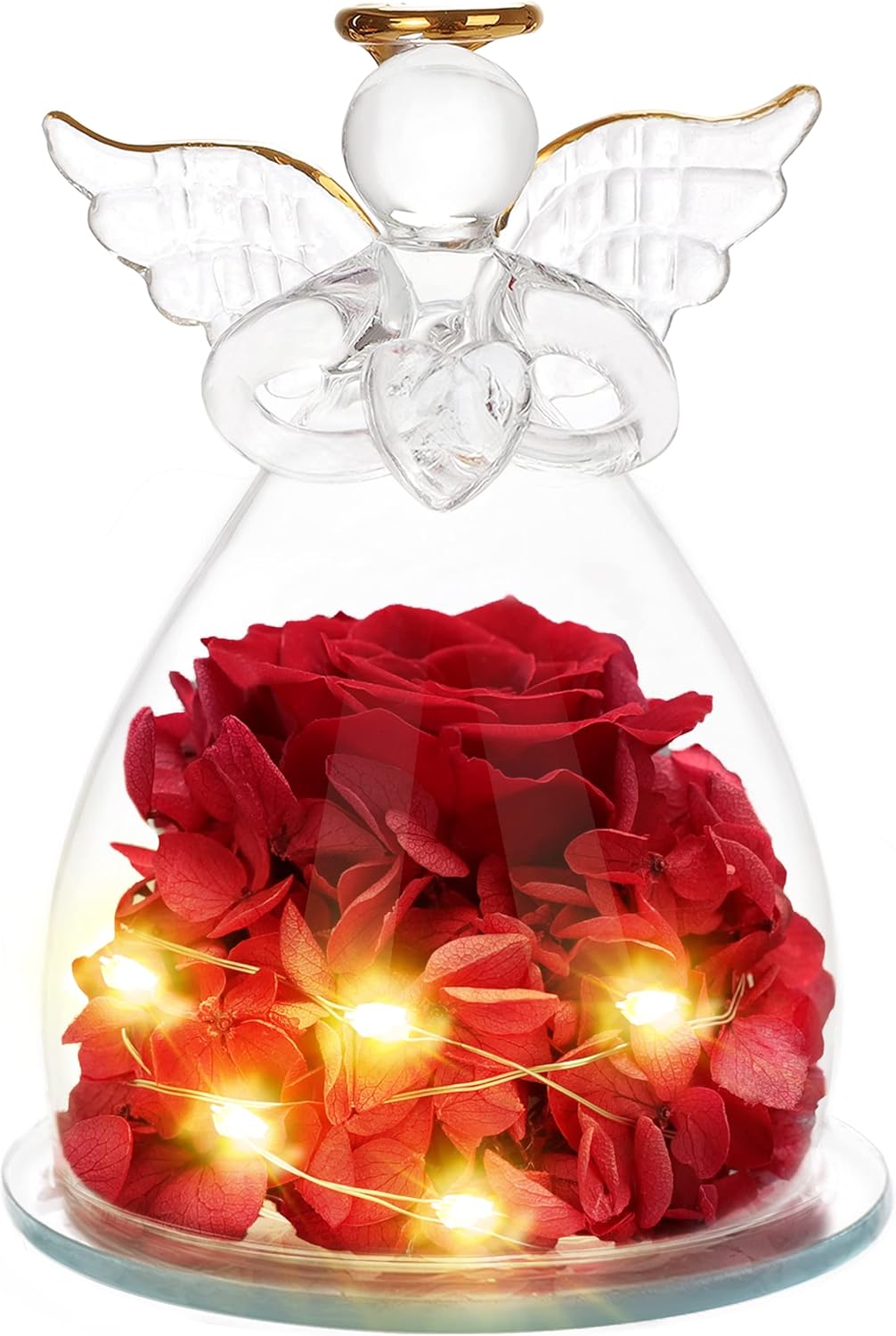 Dried & Preserved Flora - Sacredyna Preserved Rose in Glass Angel Figurine with Lights - Perfect Birthday, Thanksgiving or Mom Gift for Women - Beautiful Rose Flower Gifts for Grandma and Mom