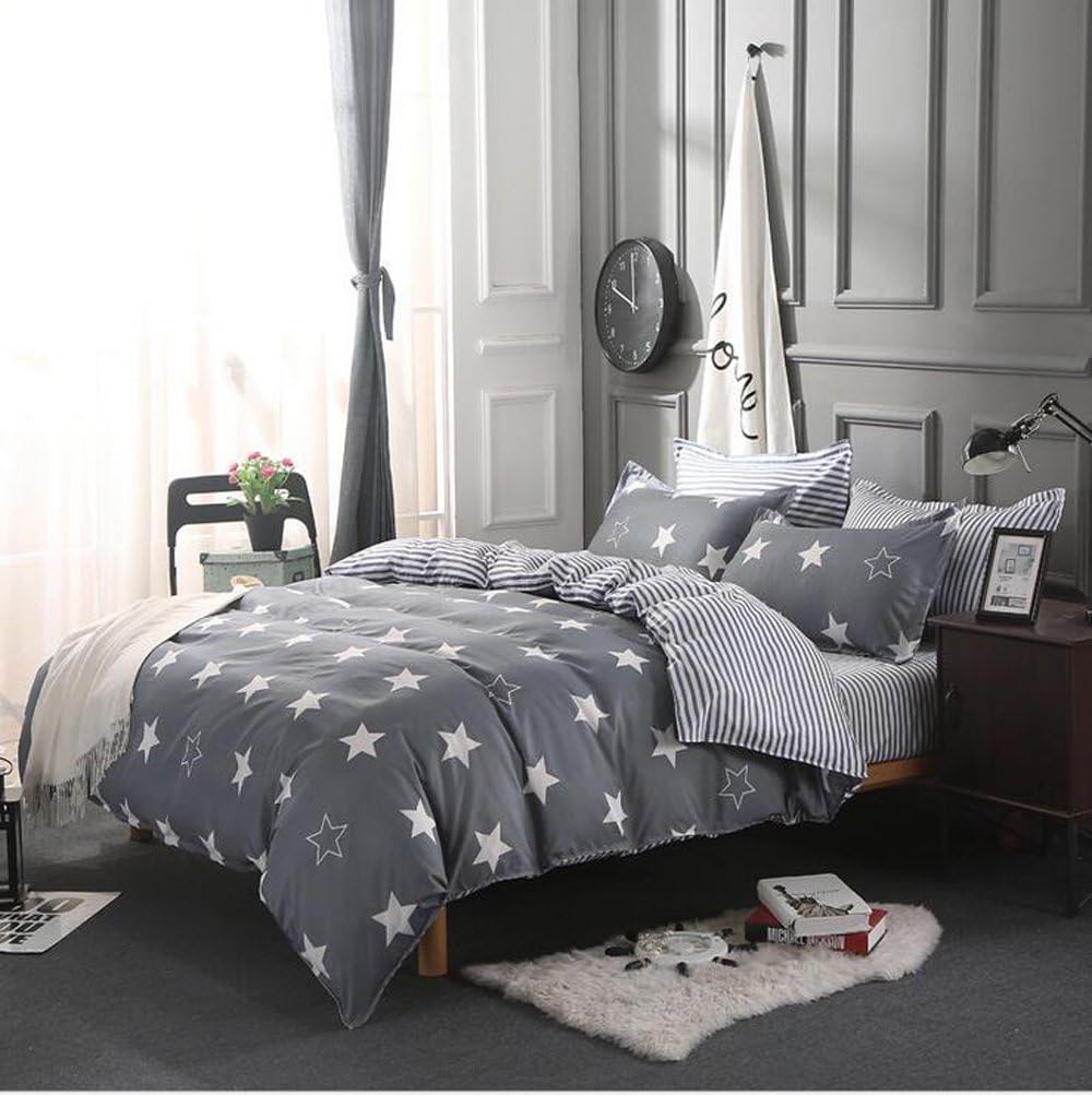 KUGKIUKAY Gray Stripes Stars Bedding Cover Duvet Cover Set (Gray, Double(Duvet Cover Set+ Flat Sheet))
