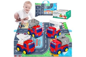YELUFT Cars Toy for 18m+ Years Old - 4 Pack Toys Car Set Push and Go Friction Powered Fire Truck Rescue Vehicle with Play Mat Construction Vehicles Toys for Toddler Boys Baby Gift