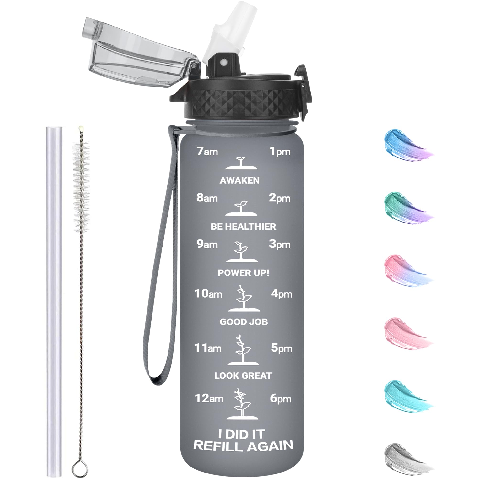 GOPPUS 500ml/17oz Kids Water Bottles with Straw Tritan Childrens Bottle with Flip Top Lid BPA Free Measured Drinks Bottle with Strap Sports Reusable Time Markings Leakproof (Gray) — image 1