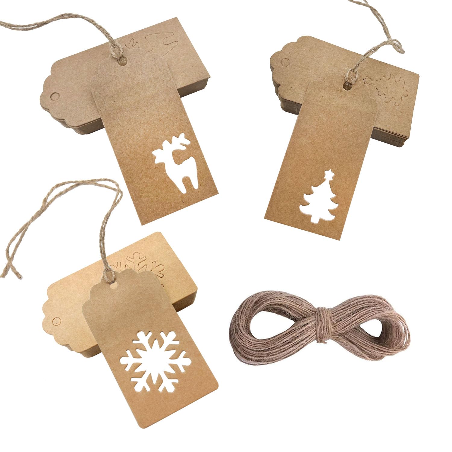 Kraft Gift Tags, 150 Pcs, 4cm x 9cm DIY Brown Tags (Snowflake, Deer Shaped, Tree) for Presents