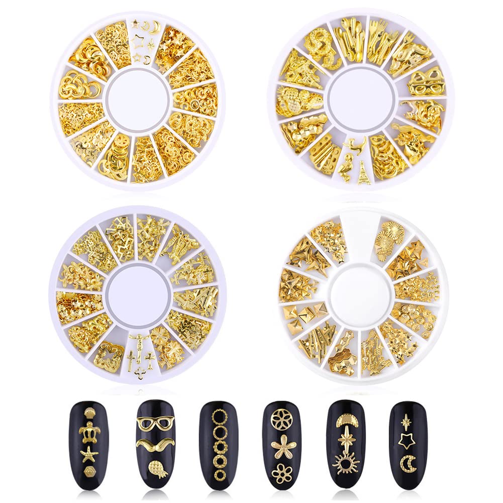 Metal Nail Studs, Silver Rose Gold Metal Nail Studs, Rose Star Moon Feather Nail Charm Kit, Heart Triangle Square Rivet Gems 3D Nail Art Jewelry Decoration DIY Decoration (4 Boxes)