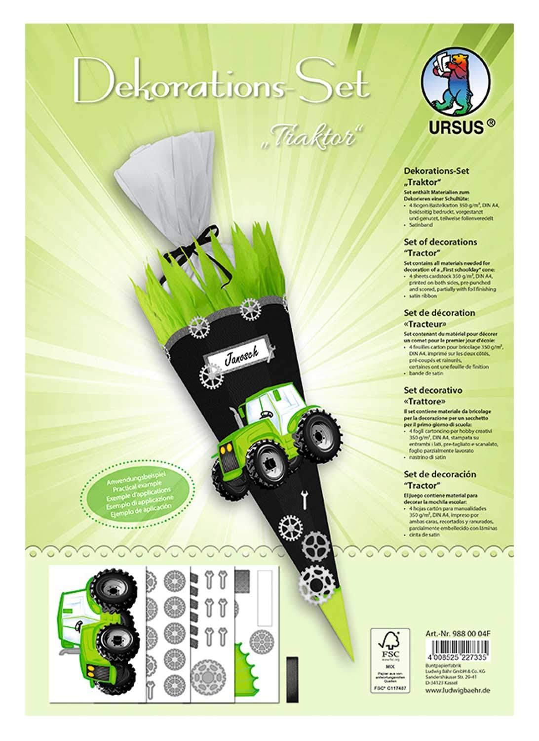 Ursus Tractor Decoration Set, 4 Sheets of Craft Cardboard DIN A4, Printed on Both Sides, Pre-Cut, Grooved for Decorating a School Bag, Partially Refined, with Satin Ribbon