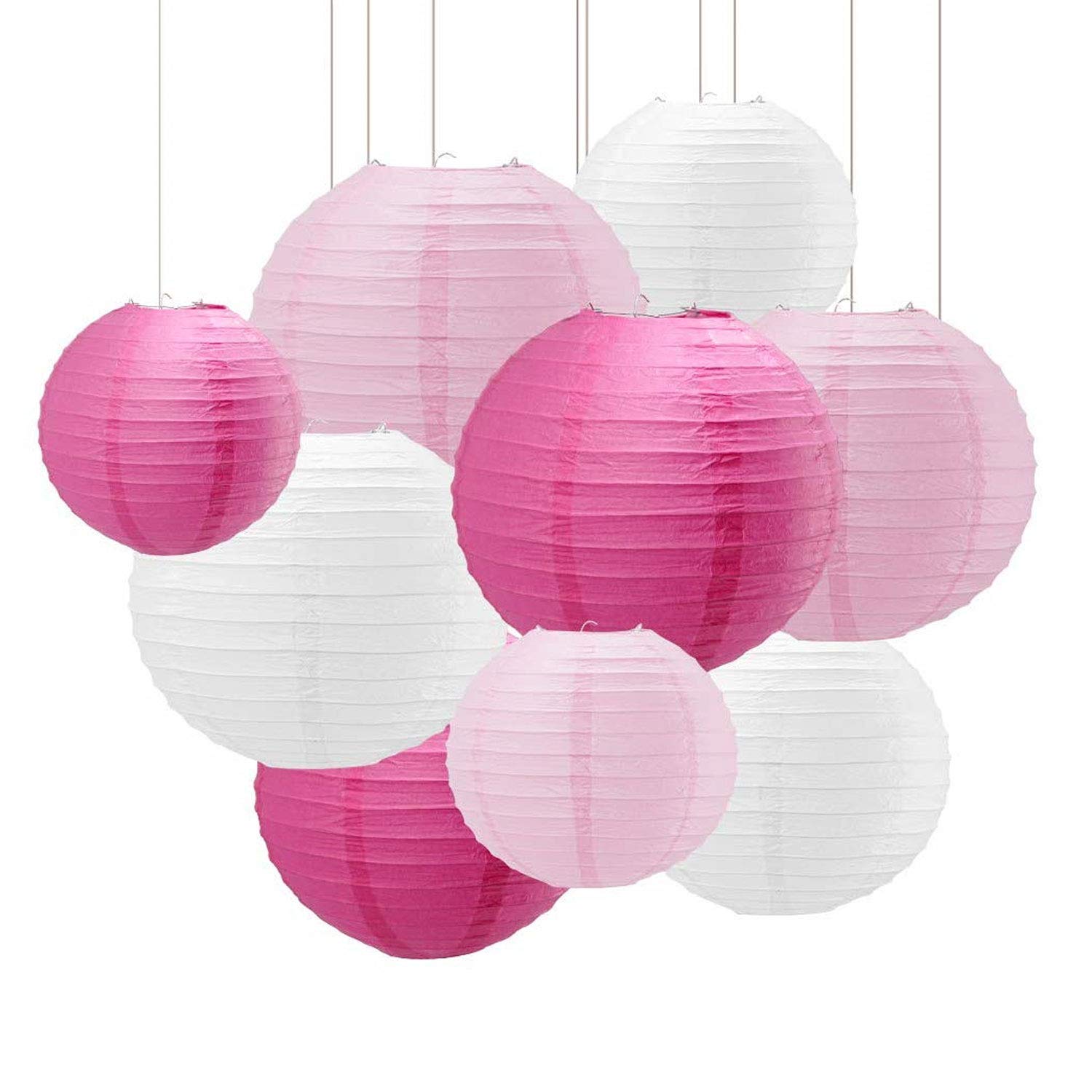Newthinking 18 PCS Paper Lanterns Decorations, Hanging Pink Paper Lanterns, 4" 6" 8" 10" Different Sized Round Paper Lantern for Weddings, Party Decorations, Festival (Pink&White) — image 1