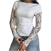 Verdusa Women's Floral Lace Sheer Going Out Tops Boat Neck Fitted T Shirts