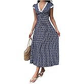 Milumia Women's Polka Dots Lace Trim Deep V Neck Dress Short Sleeve Flared Long Dresses