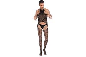 SINROYEE Men's Sheer Lace Lingerie Sissy clothes Sexy Tight Cut Out Elastic Nightgown One-piece Bodysuit