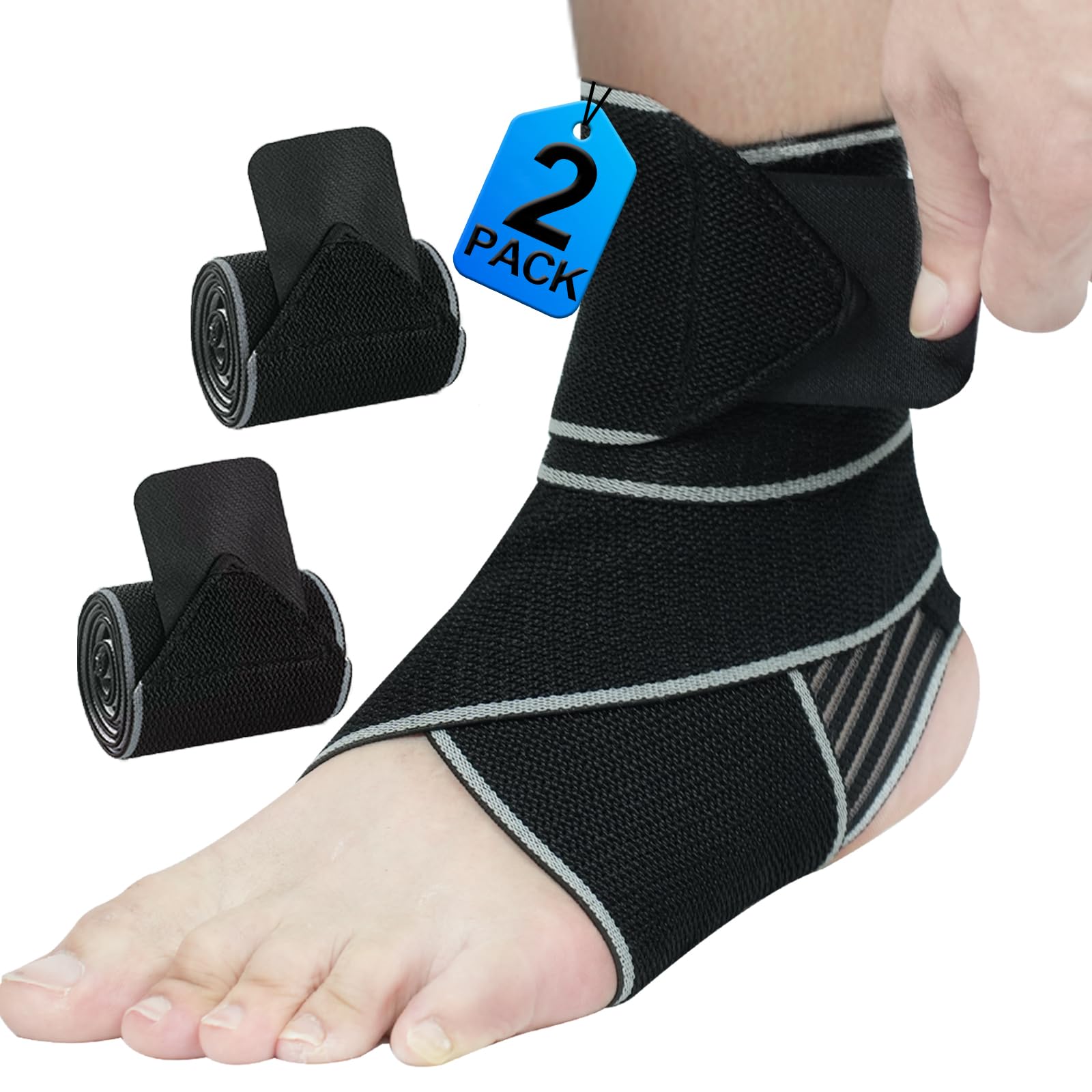 Photo 1 of Kathrio 2 Pack Ankle Brace for Men & Women- Adjustable Support Foot Wrap with Anti-Slip Design, Ankle Compression Sleeve for Achilles Tendonitis, Plantar Fasciitis, Sprains & Sports Injuries(Black)