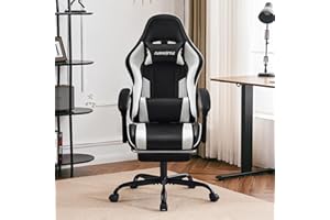 FURNISTYLE Gaming Chair with Footrest, Reclining Gamer Chair, Video Game Desk Chair for Teens with Lumbar Support, Linkage Armrests, Ergonomic Computer Chair for Gaming or Office, PU Black-White