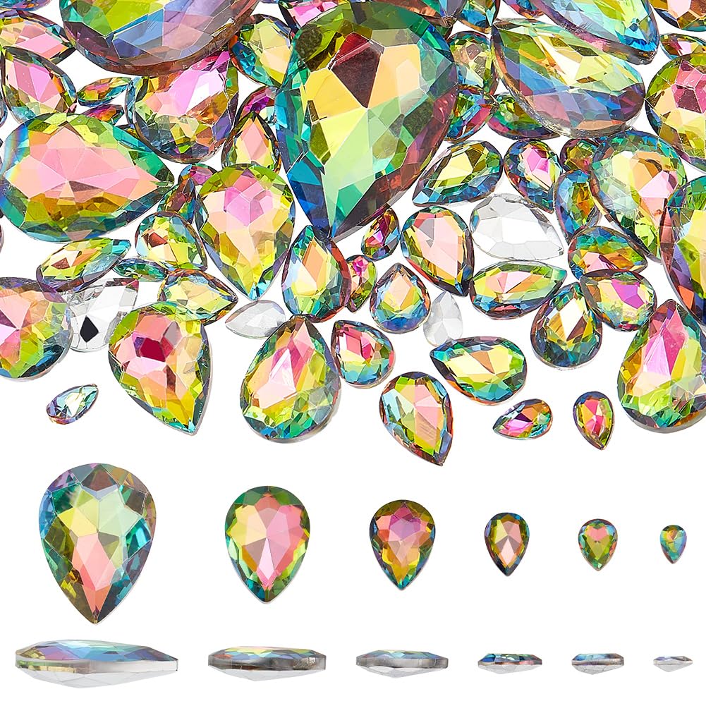 FINGERINSPIRE 94 Pcs Teardrop Glass Rhinestones 6 Sizes Pointed Back Rhinestone Colorful Faceted Glass Rhinestones Gems Crystal Jewelry Embelishment with Plated Back for Craft Decor Jewelry Making