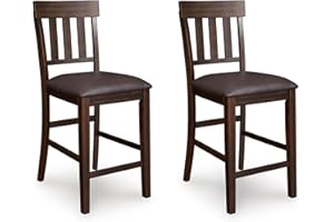 Signature Design by Ashley Haddigan Upholstered Barstool, 2 Count, Slat Back Design, Cushioned Seat, Wood, 25.5" H, Dark Brown