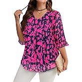 Amrto Plus Size Blouses for Women Chiffon Floral Ruffle 3/4 Sleeve Tunic Top V Neck Dressy Casual Shirts Vacation