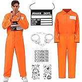 Wegitcs Prisoner Costume Men, Halloween Orange Jail Jumpsuit, Prison Inmate Costume Outfit Adult for Party 6 Pcs