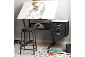 SogesGame Drafting Table with 3 Storage Drawers & Stool, Adjustable Angle Drawing Table, Multi-Function Folding Drawing Desk,