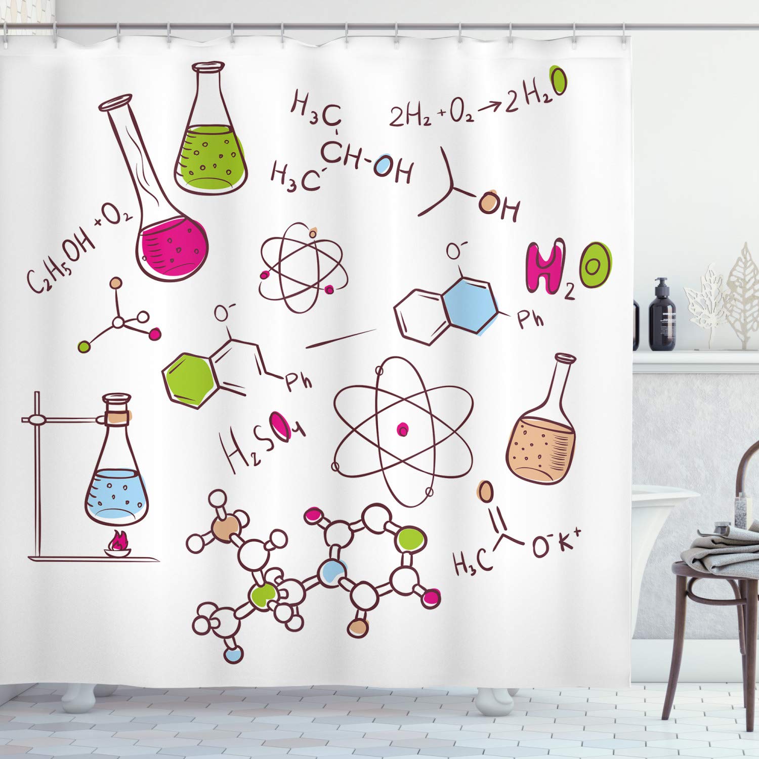 ABAKUHAUS Educational Shower Curtain, Doodle Style Hand Drawn Chemistry Composition Atom Molecules Flask, Cloth Fabric Bathroom Decor Set with Hooks, 78 Inches, Green Blue Pink