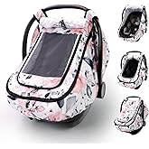 Sweetwavet Car Seat Cover Baby Girls, Infant Car Seat Canopy Outdoor, 2 Layers with Mesh and Sun Shade Window for Summer Winter, Easy Access Carseat Covers Snug Fit Baby Stroller - Pink Floral