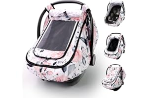 Sweetwavet Car Seat Cover Baby Girls, Infant Car Seat Canopy Outdoor, 2 Layers with Mesh and Sun Shade Window for Summer Winter, Easy Access Carseat Covers Snug Fit Baby Stroller - Pink Floral