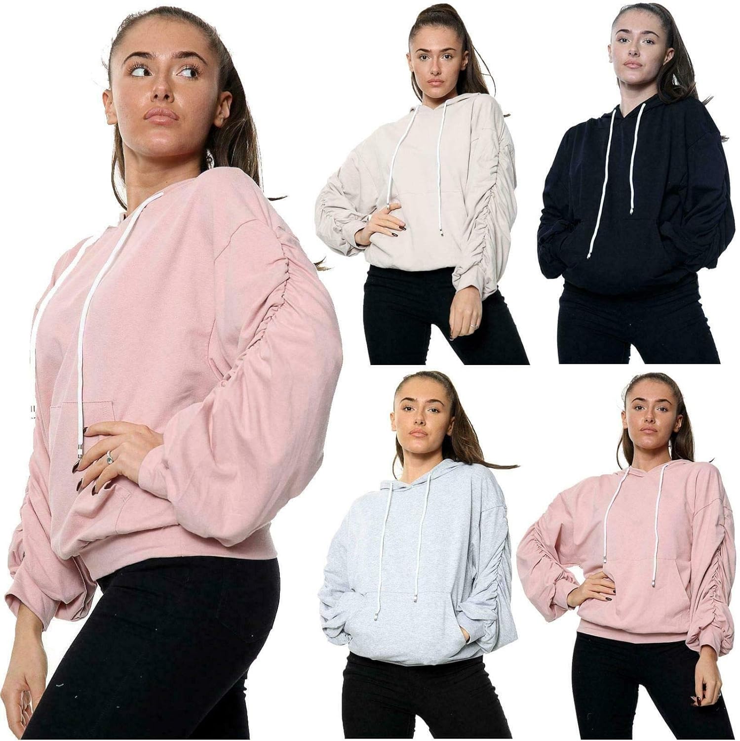 Womens 2 Pocket with String Side Ruched Hoodie Amazon.co.uk Clothing