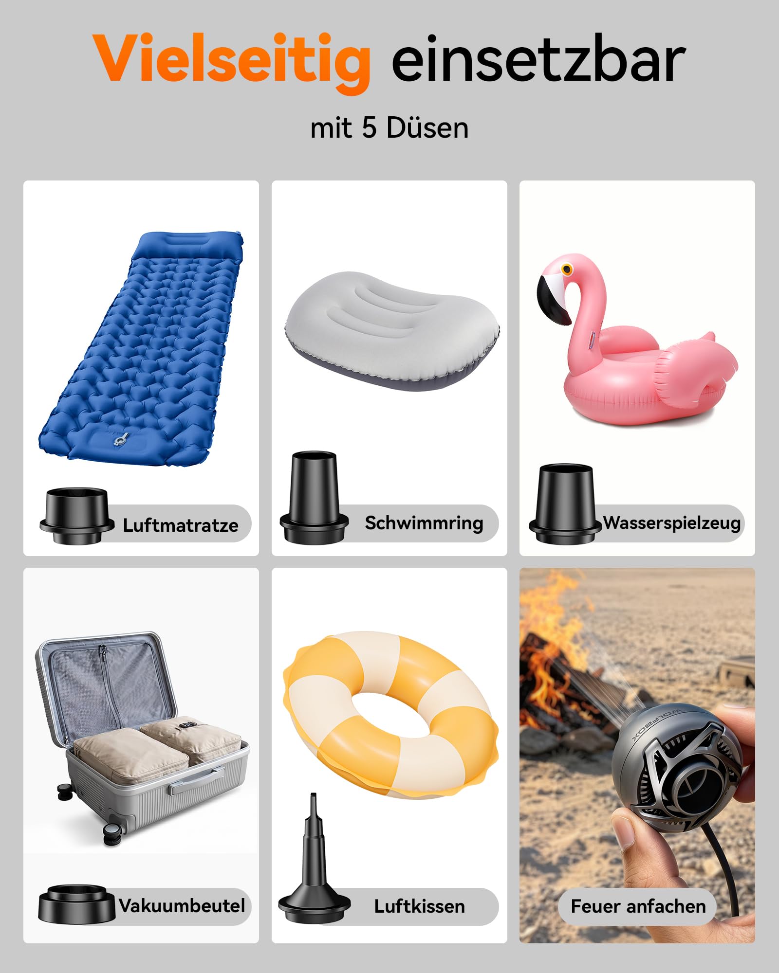 WOLFBOX MFmini Elektrische Luftpumpe, Mini USB Luftpumpe für Luftmatratze ohne Akku 32g Ultraleicht, 4,5KPA Tragbare Elektrische Pumpe 2 in 1 Aufblasen Absaugen mit 5 Düsen, Camping Schwimmring Pool 6