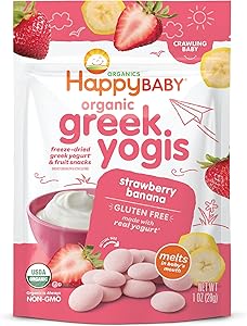 Happy Baby Organics Baby Snacks, Greek Yogis, Freeze Dried Yogurt & Fruit Snacks, Gluten Free Snack for Babies 9+ Months, Str