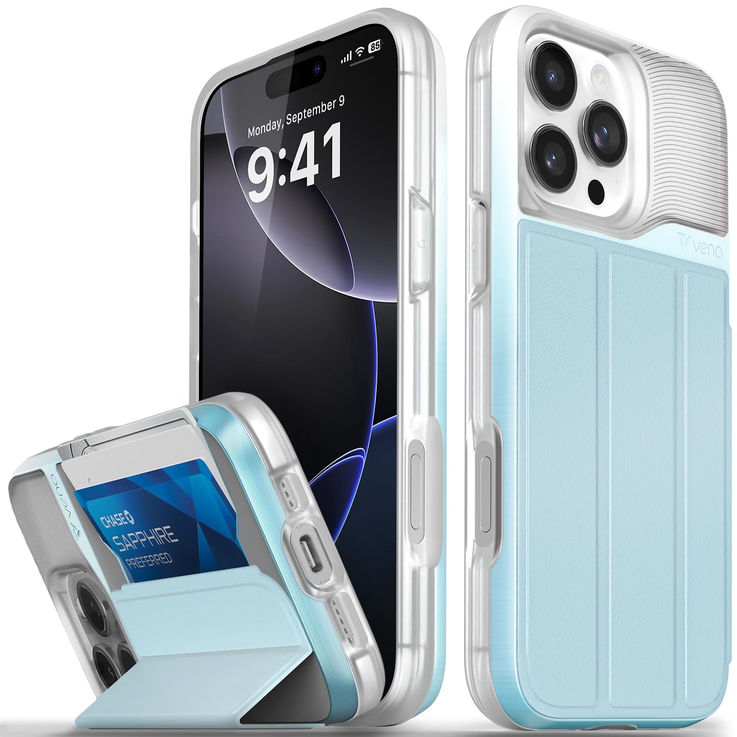 VENA vCommute for iPhone 16 Pro Max Wallet Case, [Military Grade Drop Protection] Flip Leather Cover Slot Card Holder with Kickstand - Pastel Blue