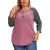 3/4 Sleeve Shirts for Women Plus Size Casual V Neck Blouses Color Block Henley Shirts
