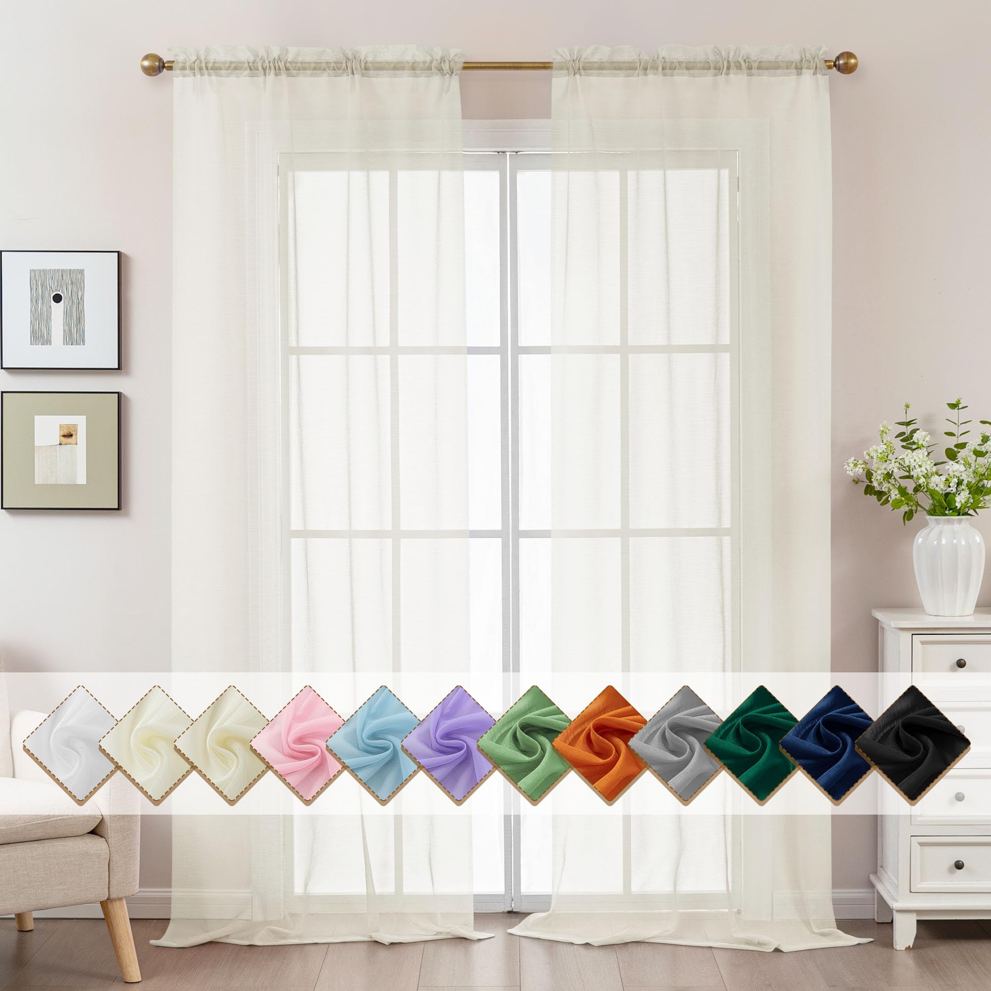 Photo 1 of ABLUEN Ivory Sheer Curtains 108 Inches Extra Long, Privacy Semi Sheer Curtains for Living Room Bedroom, Light Filtering Rod Pocket Voile Window Drapes 2 Panels Set, Each 42" W x 108" L