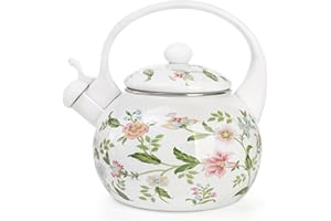 Jucoan 2.3 Quart Vintage Enamel Tea Kettle, Whistling Tea Kettle for Stove Top, Floral Enamel on Steel Teakettle Teapot for H