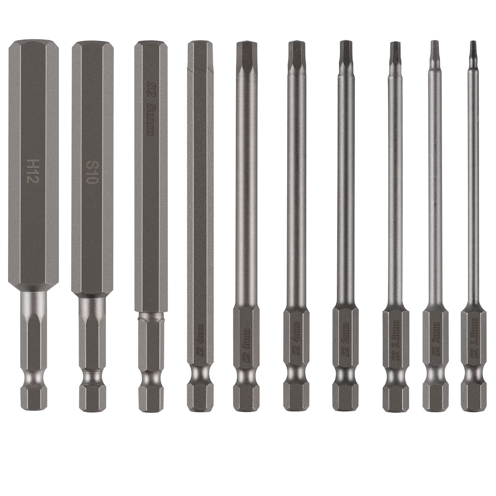 CPROSP Magnetic Screwdriver Bit 1/4 Inch Allen Bit Long 100 mm S2 Hexagonal Shaft H1.5-H12 Pack of 10