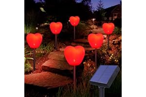 Abkshine Set of 6 Solar Red Heart Stake Lights for Valentines Day Decor, Outdoor Waterproof Heart Shaped Light for Garden Pathway Flowerbed Cemetery Grave Porch Walkway Valentine's Theme Decorations