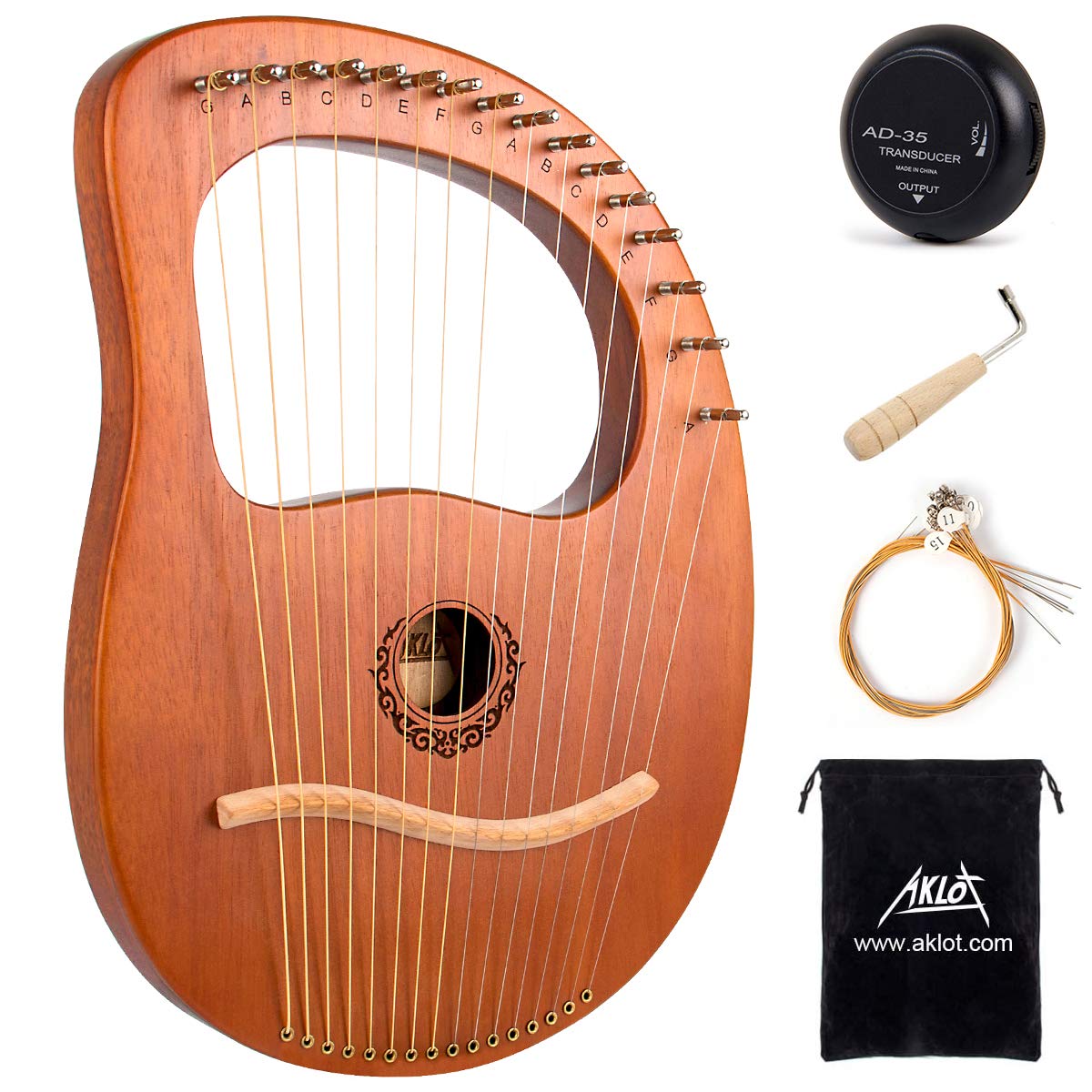 Lyre Harp,AKLOT 16 Metal Strings Mahogany lyras Harps Mahogany with Tuning Wrench Spare Strings Pick up and Gig Bag