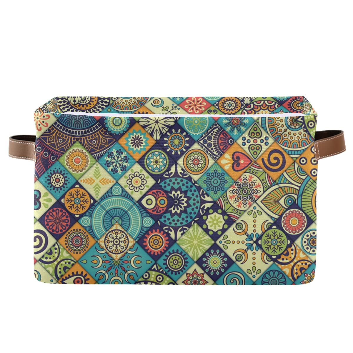 ALAZA Fabric Storage Boxes with Leather Handle, Set of 2, Boho Pattern Waterproof Collapsible Canvas Organiser Cubes Toys Clothes Storage Cube Bins for Shelves Closet Household Organizer