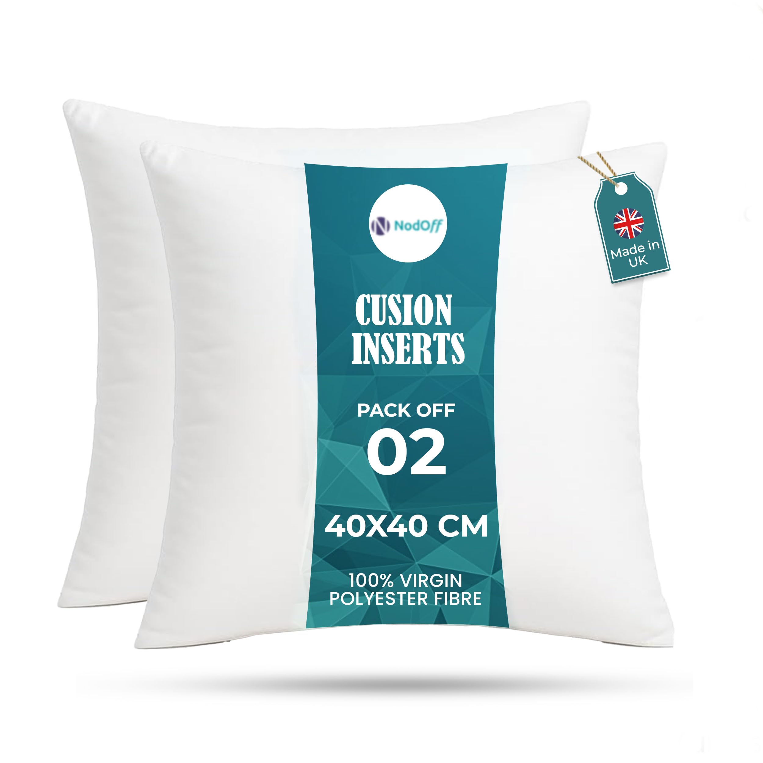 Nod Off Cushions Inserts (Pack of 2) - 16” x 16” (40cm x 40cm) Hollowfibre Stuffed Square Cushion Insert - Hypoallergenic Bounce Back Cushion for Sofa, Bed, & Outdoor