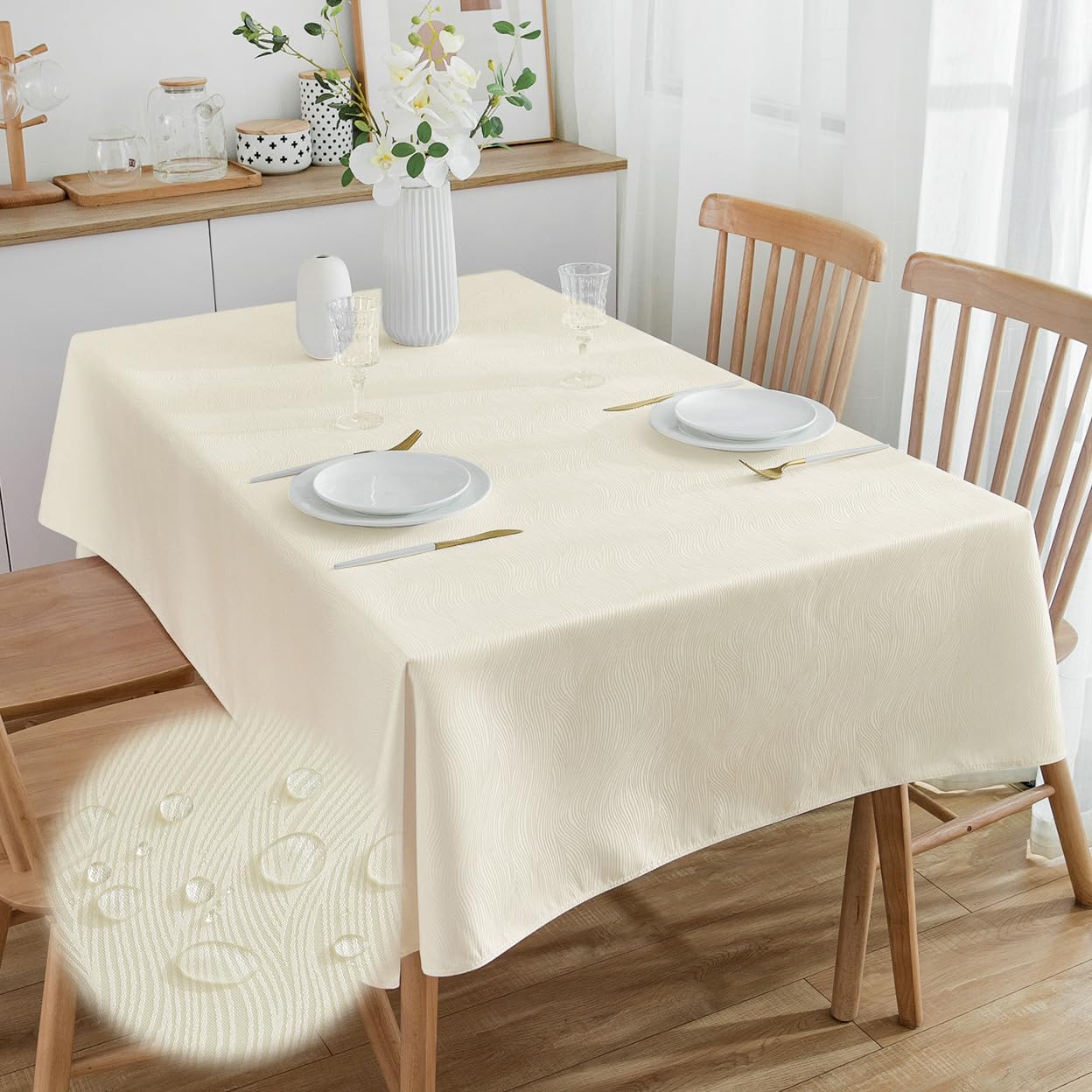 SPRICA Jacquard Tablecloth Water Resistance Solid Colour Heavy Weight Soft Table Cover, Machine Washable, Rectangle 180x140cm, Beige