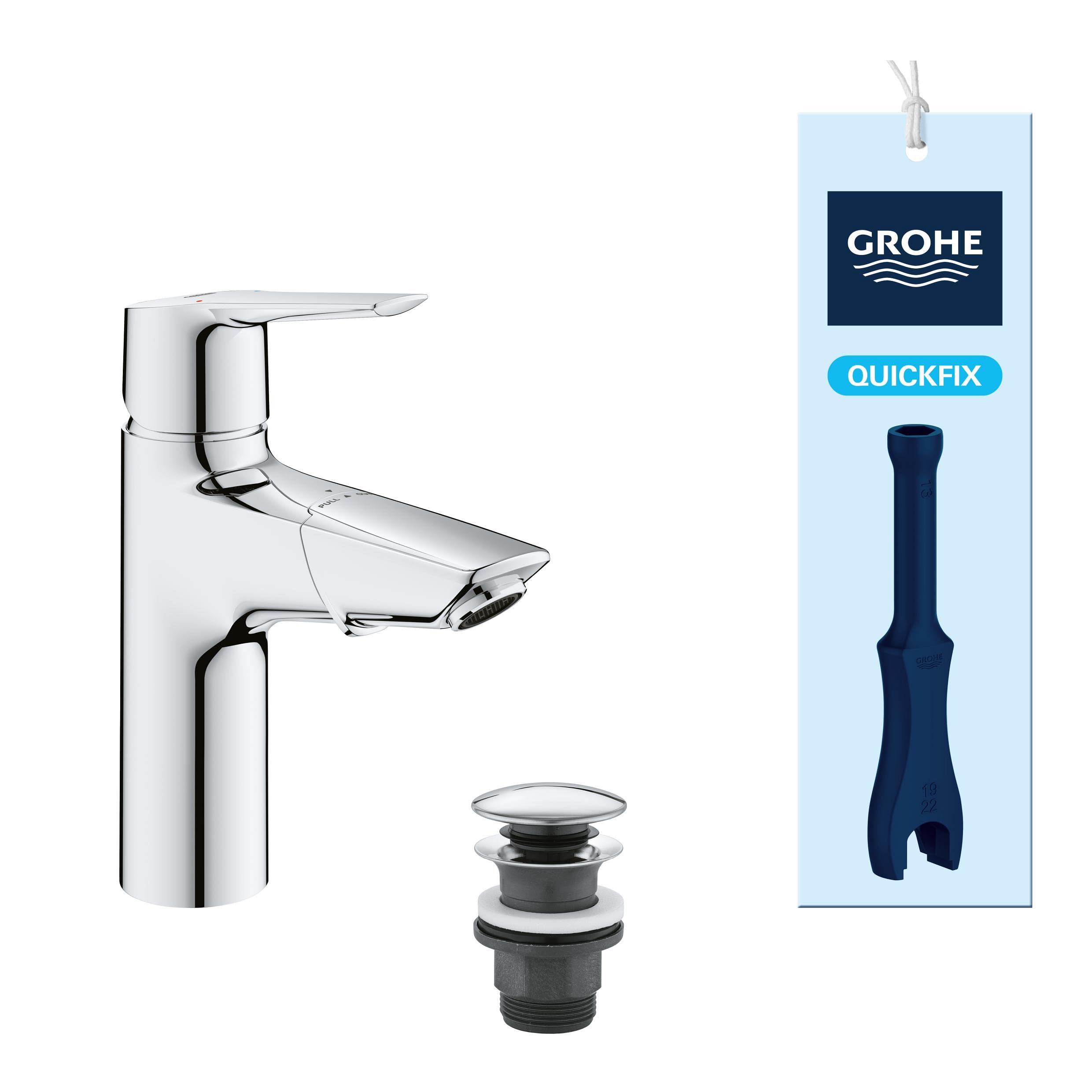 GROHE QUICKFIX Start - Basin Mixer Tap with Pull-Out Spout (Metal Lever, Magnetic Docking, Smooth Body, Click-Clack Push Waste Set, Water Saving Technology, Tails 3/8''), Size 191 mm, Chrome, 24205003