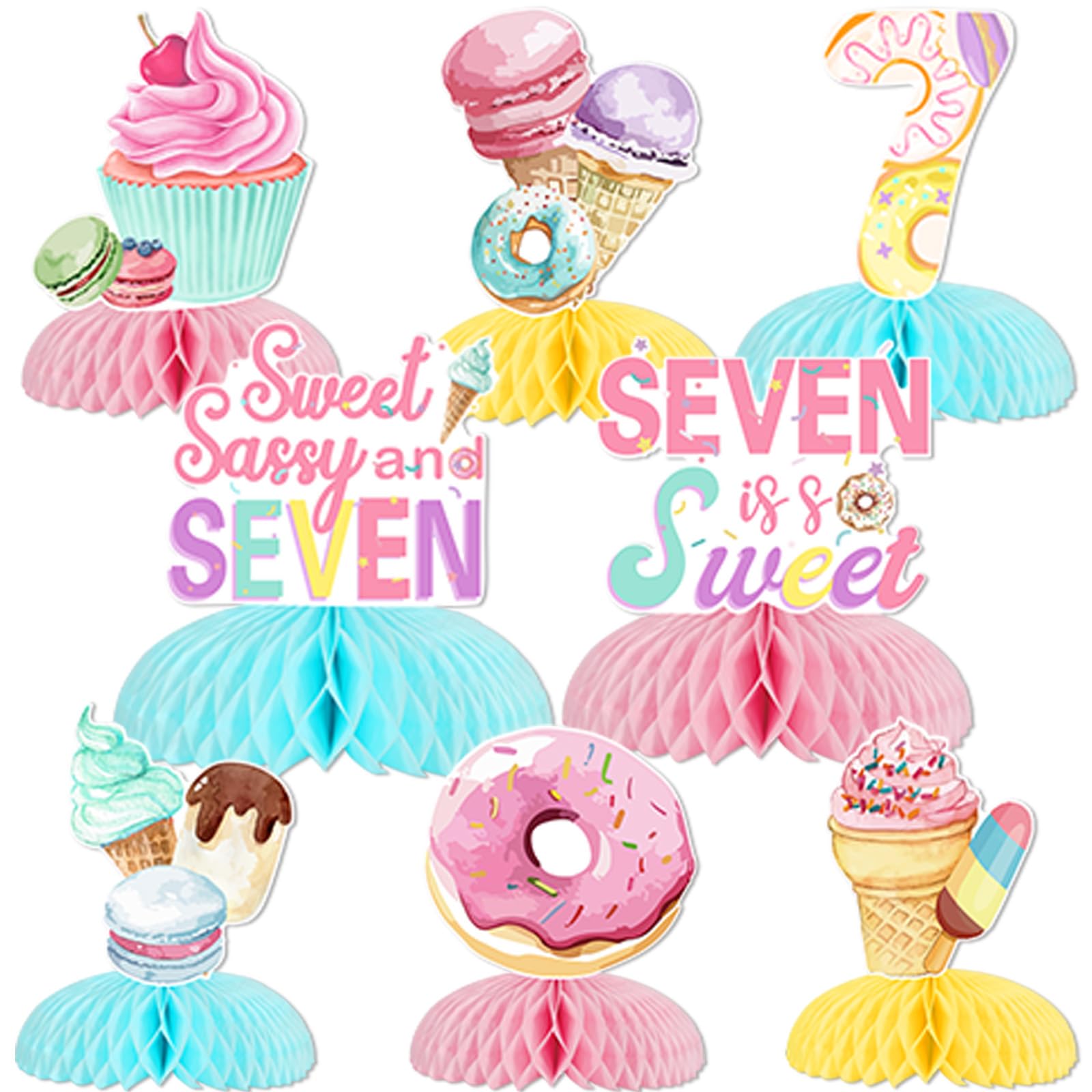 Photo 1 of Jollyboom Sweet Sassy and Seven Birthday Decorations Girls, 8pcs Donut Ice Cream 7th Birthday Decorations Table Honeycomb Centerpiece for Girls Seven Is So Sweet 7 Year Old Birthday Party Table Decor