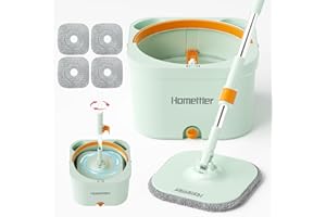 HoMettler Spin Mop and Bucket with 4 Microfibra Replaceable Mop Pads, Self Separation Dirty and Clean Water System Self Wringing 360° Rotating Square Mop-Head (1 Bucket + 52'' Mop + 4 Microfibra Pads)