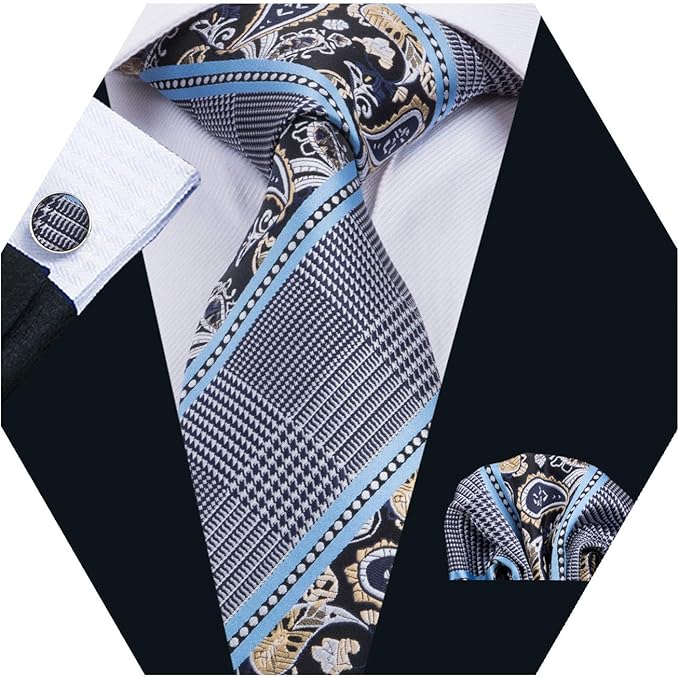 Barry.Wang Herren Seide Dunkelblau Paisley Krawatte Manschettenkn/&ouml;pfe und Pocket Square Krawatte Set f/&uuml;r die Hochzeit